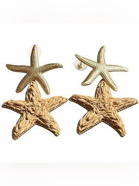 Gold Tone and Natural Rafia Starfish Statement Earrings Nautical NEW Beachy